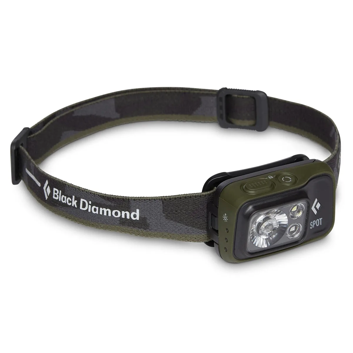Dark olive headlamp unit with elastic headband, compact rectangular light housing, single button control, 9.5 x 7.5 x 4.5 cm