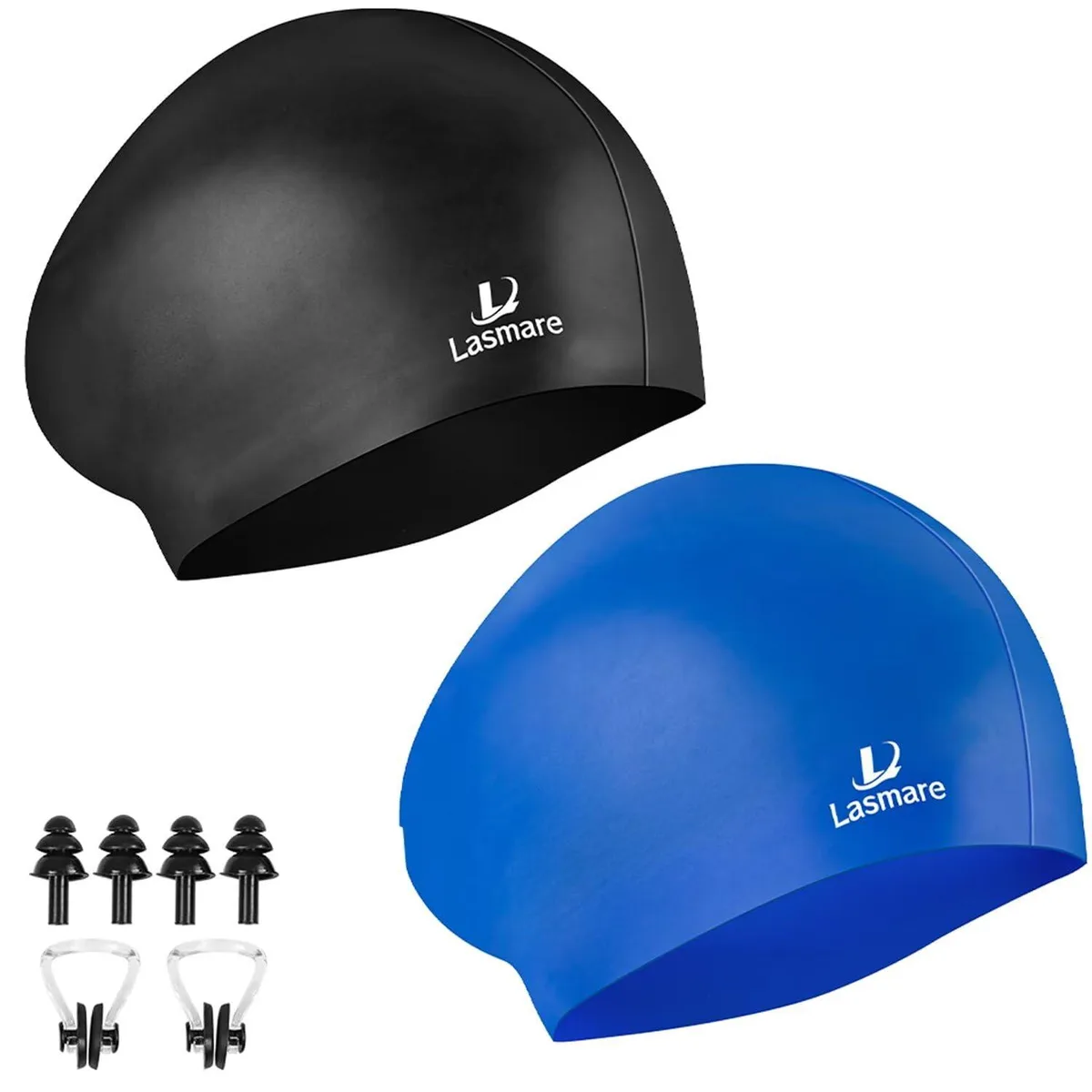  Lasmare Silicone Swim Cap 2 Pack Black+Blue with Ear Plugs Nose Clip — product photo