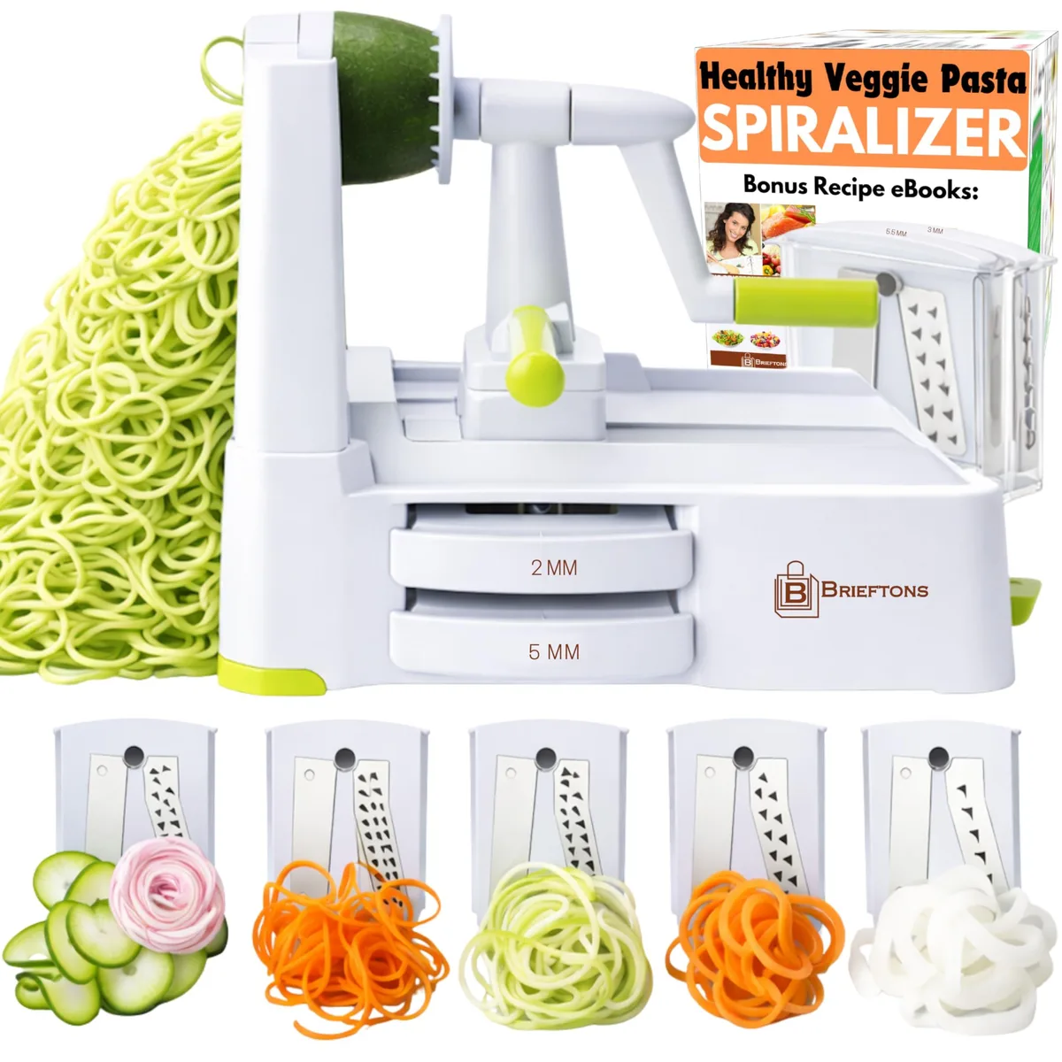 Blue tabletop spiralizer with five stainless steel blades, suction base and blade caddy