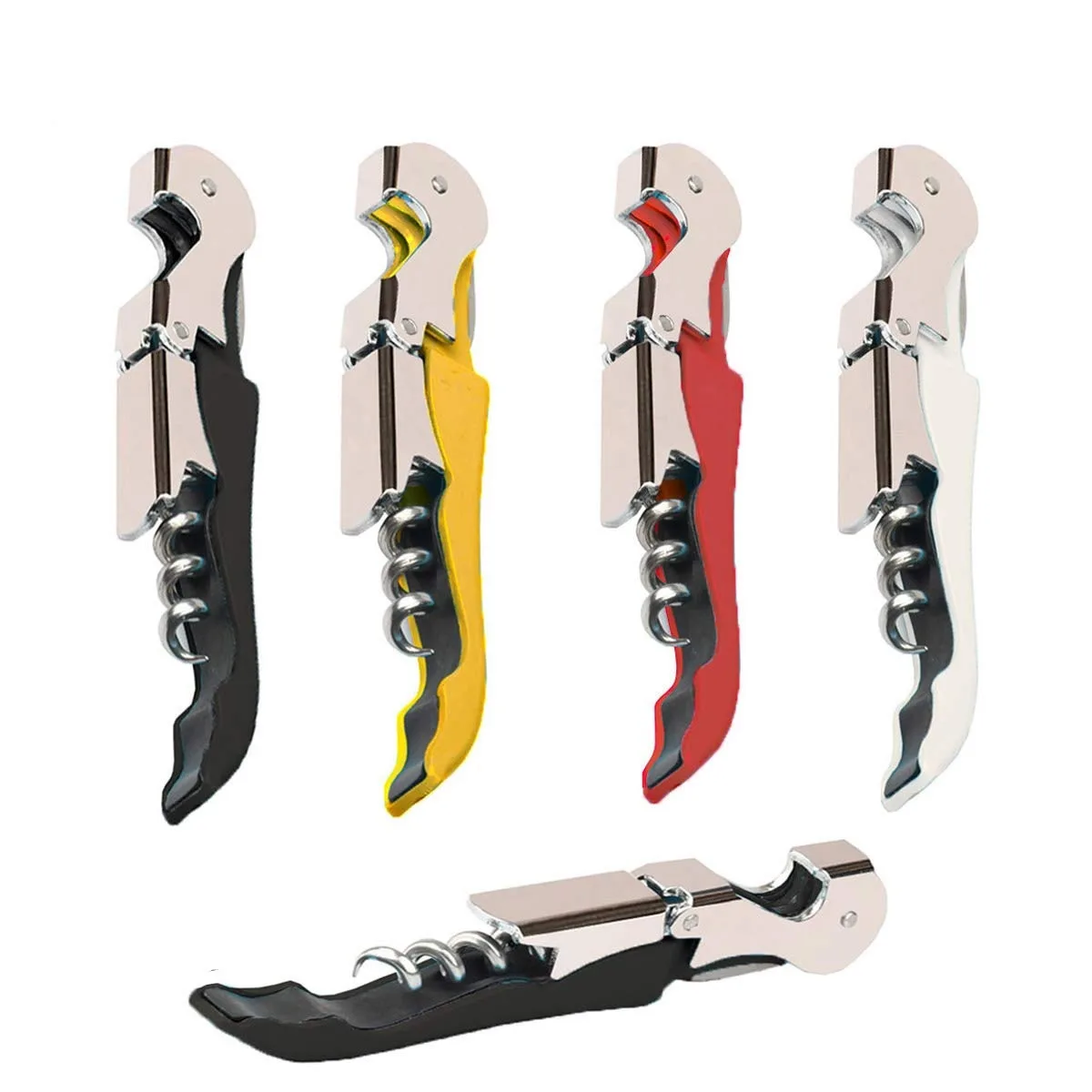Four stainless steel waiter corkscrews with integrated foil cutter and beer opener, compact folding design