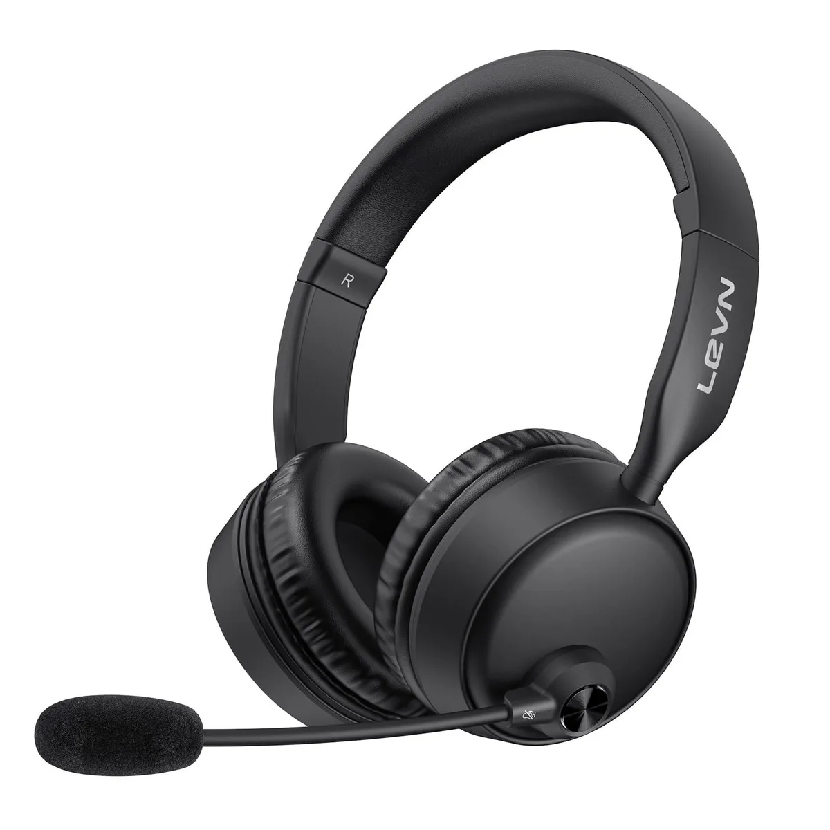 Black over-ear headphones with padded cups and headband, Bluetooth 5.3, 60-hour battery, AI noise-cancelling mic, mute button, 259 g