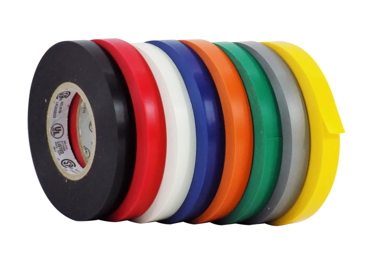 Eight rolls of coloured electrical tape in a row