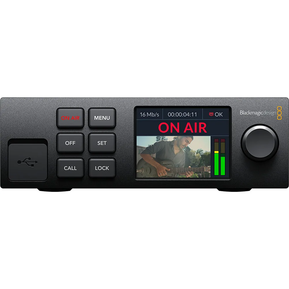 Compact desktop streaming unit with front LCD and rear SDI, HDMI, USB-C, Ethernet ports