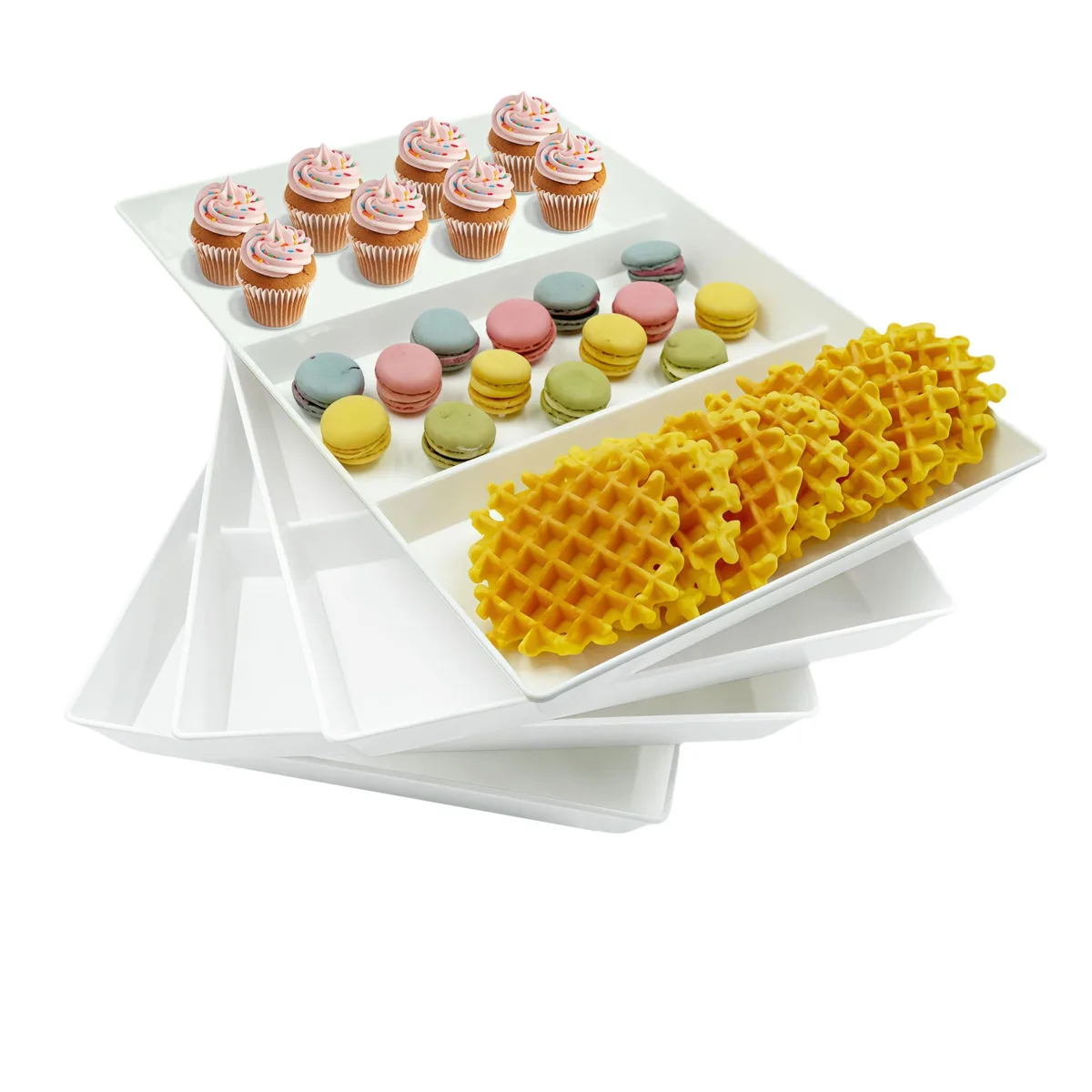 Four white rectangular divided plastic serving trays 15 by 10 inches