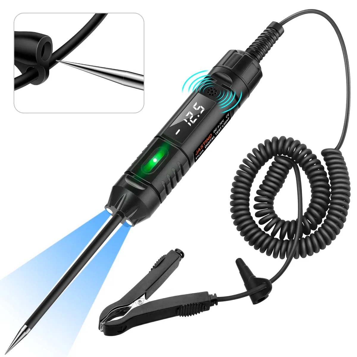 Handheld automotive circuit tester with digital LED display, stainless probe and long coiled cable
