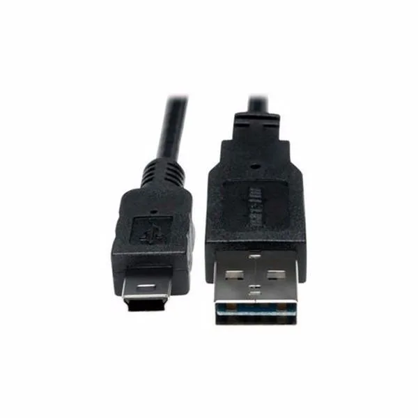 Short black USB cable with reversible Type-A plug and standard Type-B connector