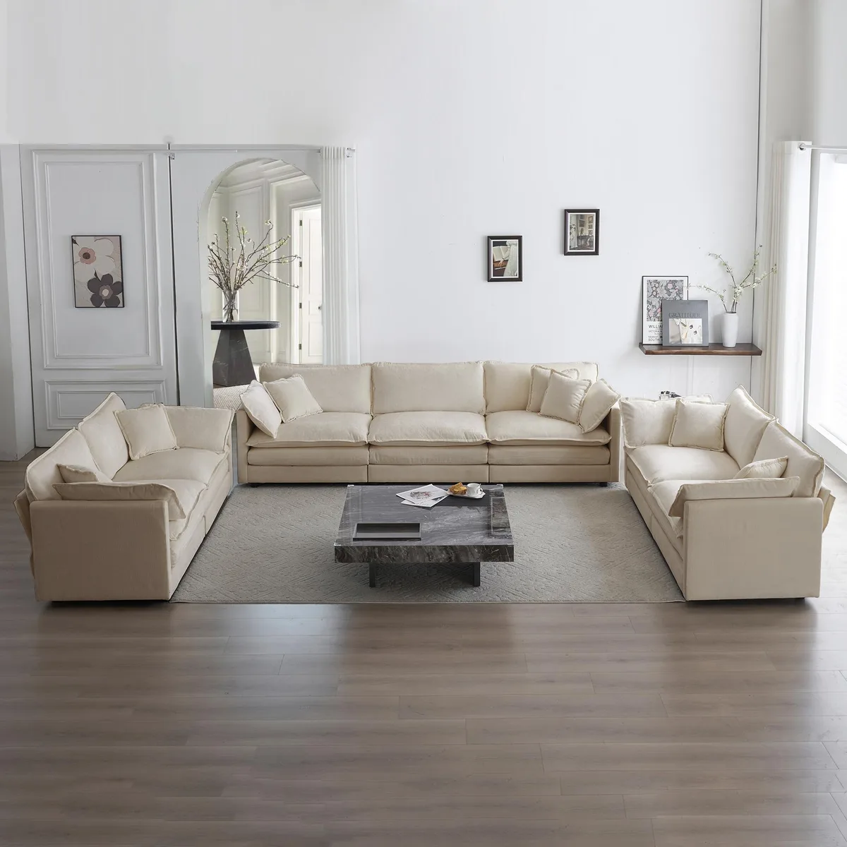 Three-piece beige chenille sofa set: two two-seaters and one three-seater