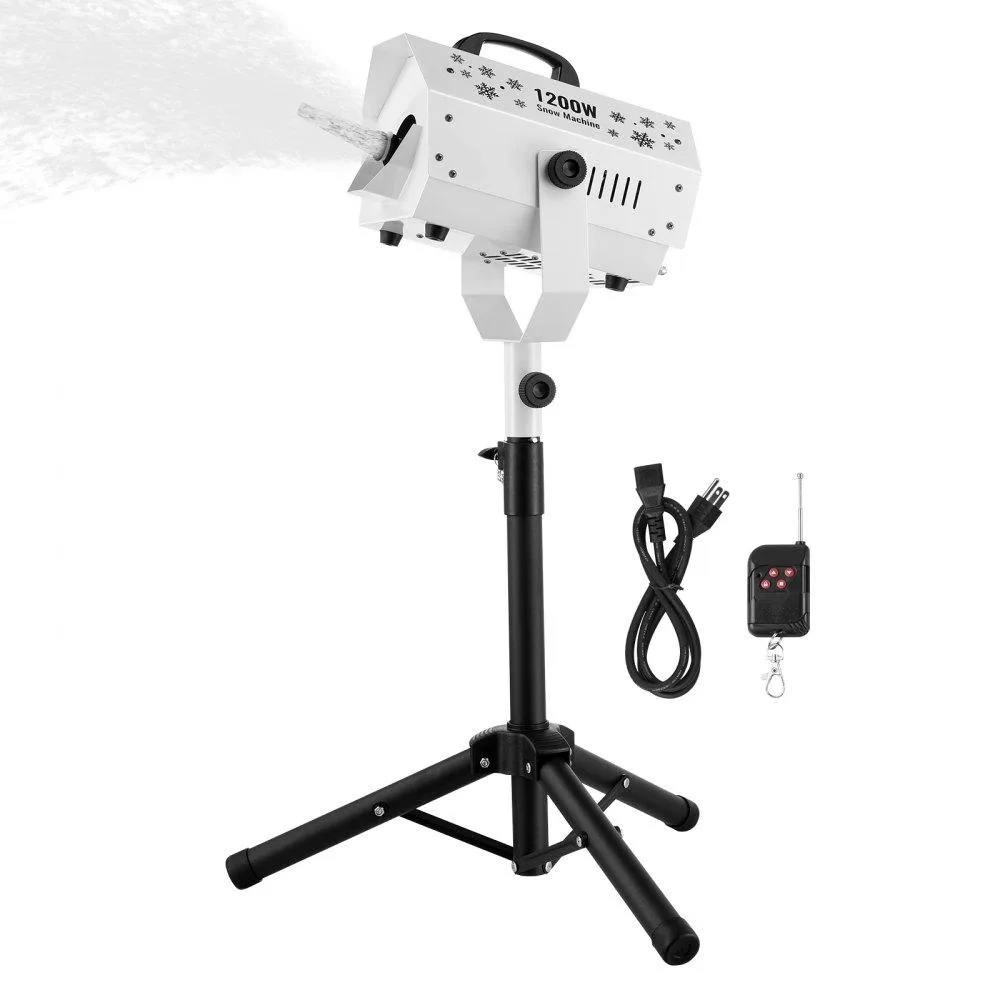 White snow machine on adjustable metal tripod stand with 5L tank and wireless remote