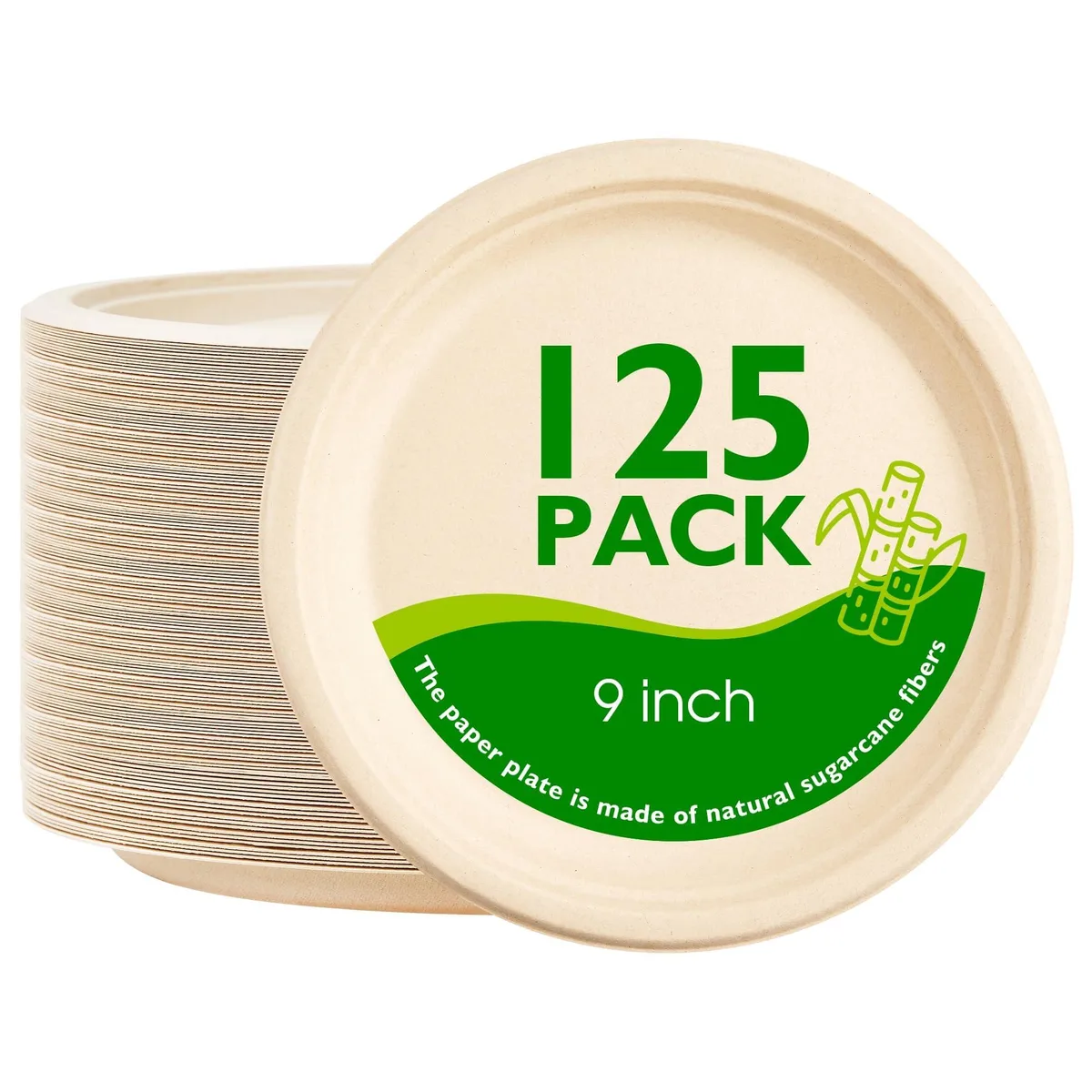Stack of round brown compostable plates, unbleached bagasse finish