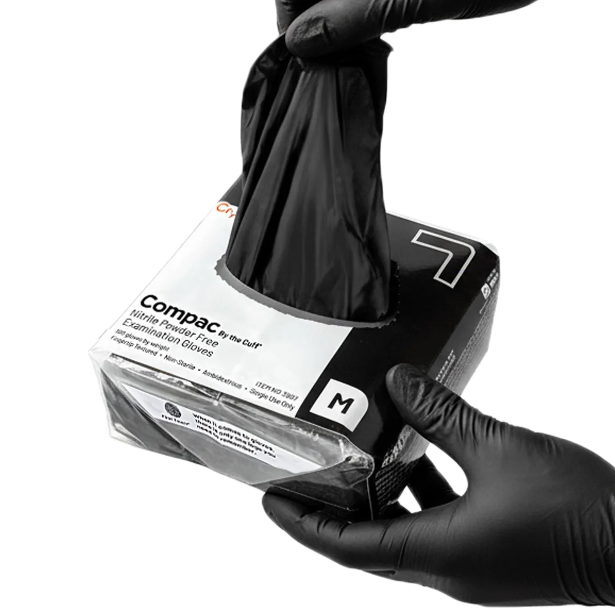 Small black nitrile gloves in a compact flat polybag