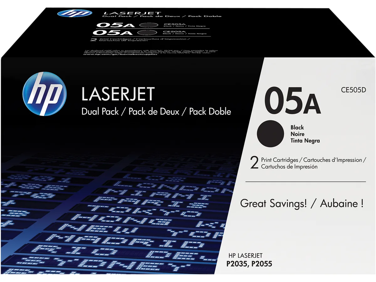 HP HP CE505D 05A Black Toner Cartridge 2 Pack 2300 Pages — product photo