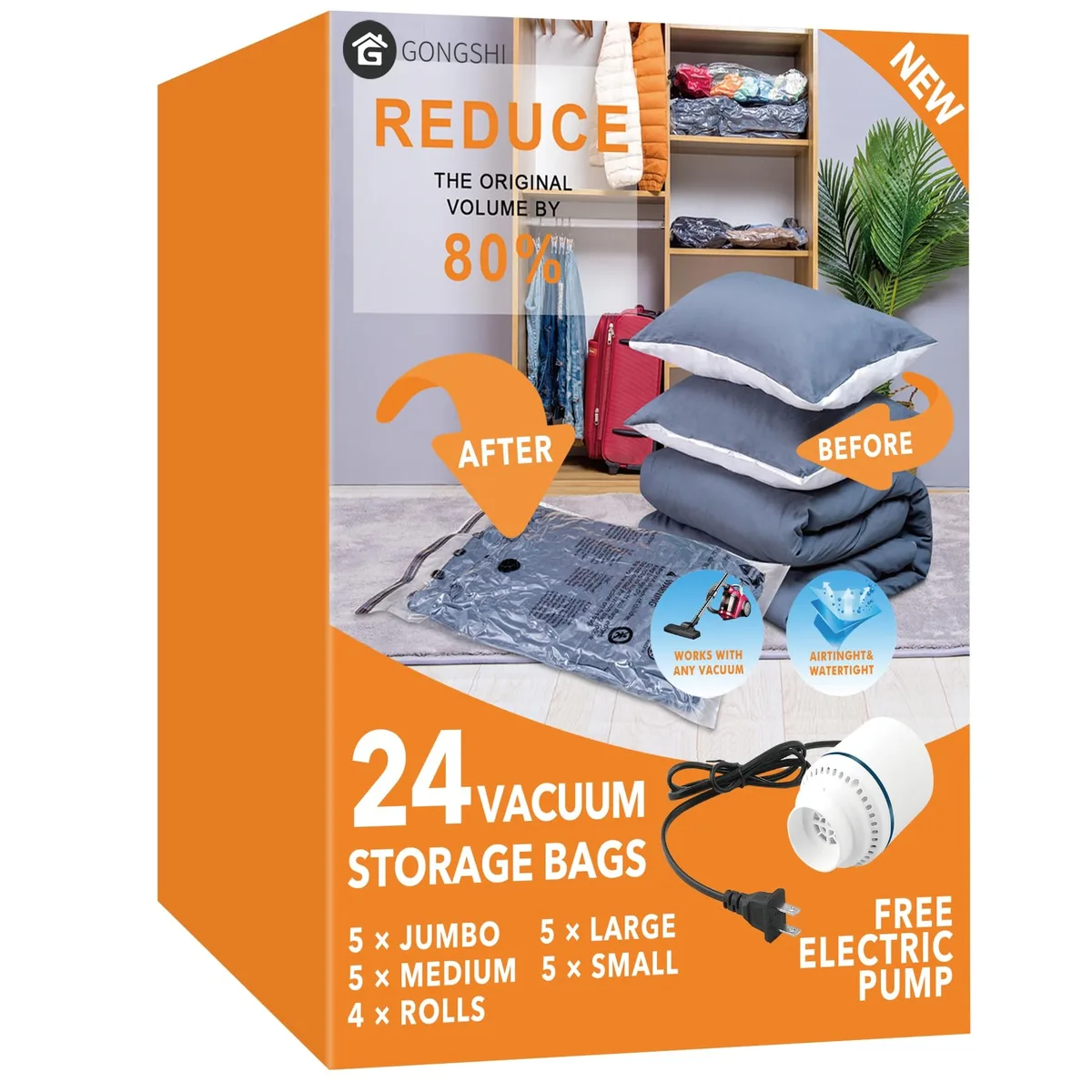 Clear plastic vacuum storage bags in assorted sizes with electric pump