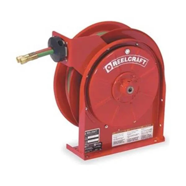 Red spring-return welding hose reel with 25 ft dual hose mounted on wall bracket
