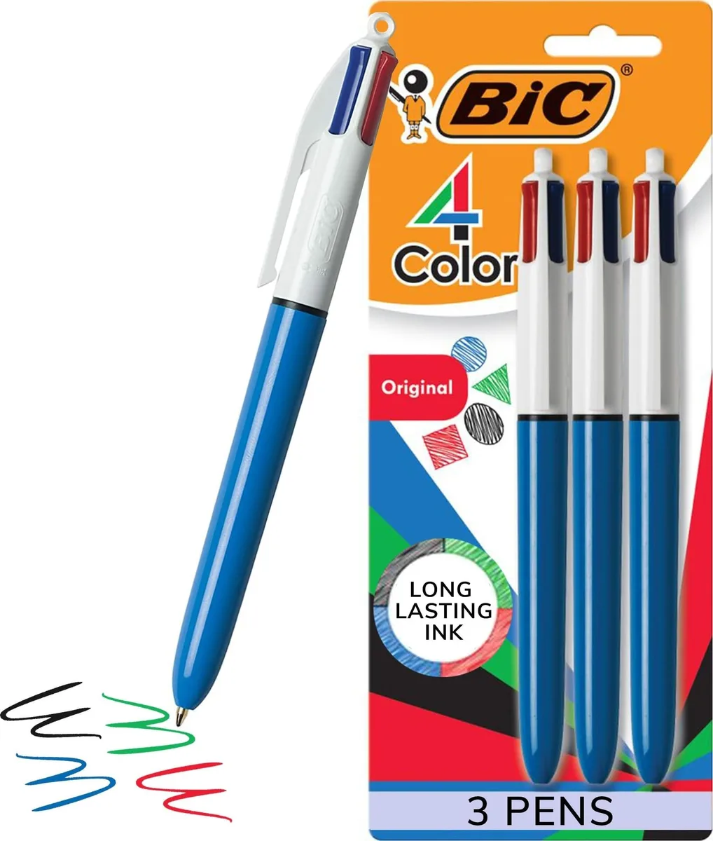 Three black retractable pens with multicolour ink and contoured grips