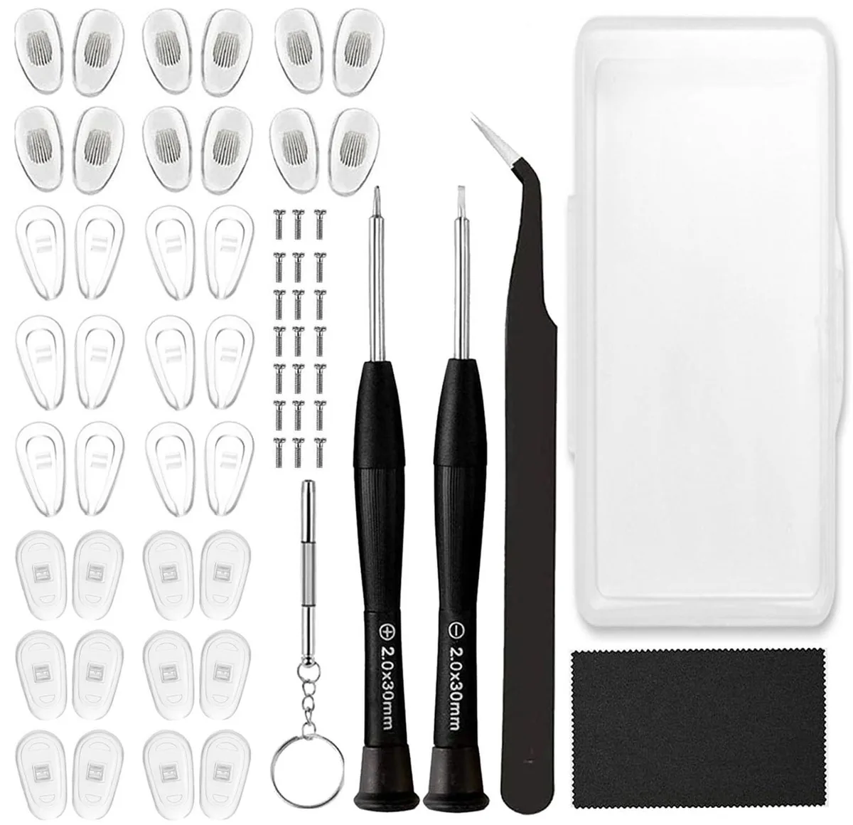  YUAENDE Eyeglasses Repair Kit with 18 Pairs Nose Pads, 100 Screws, Screwdrivers, Tweezer, Cloth — product photo