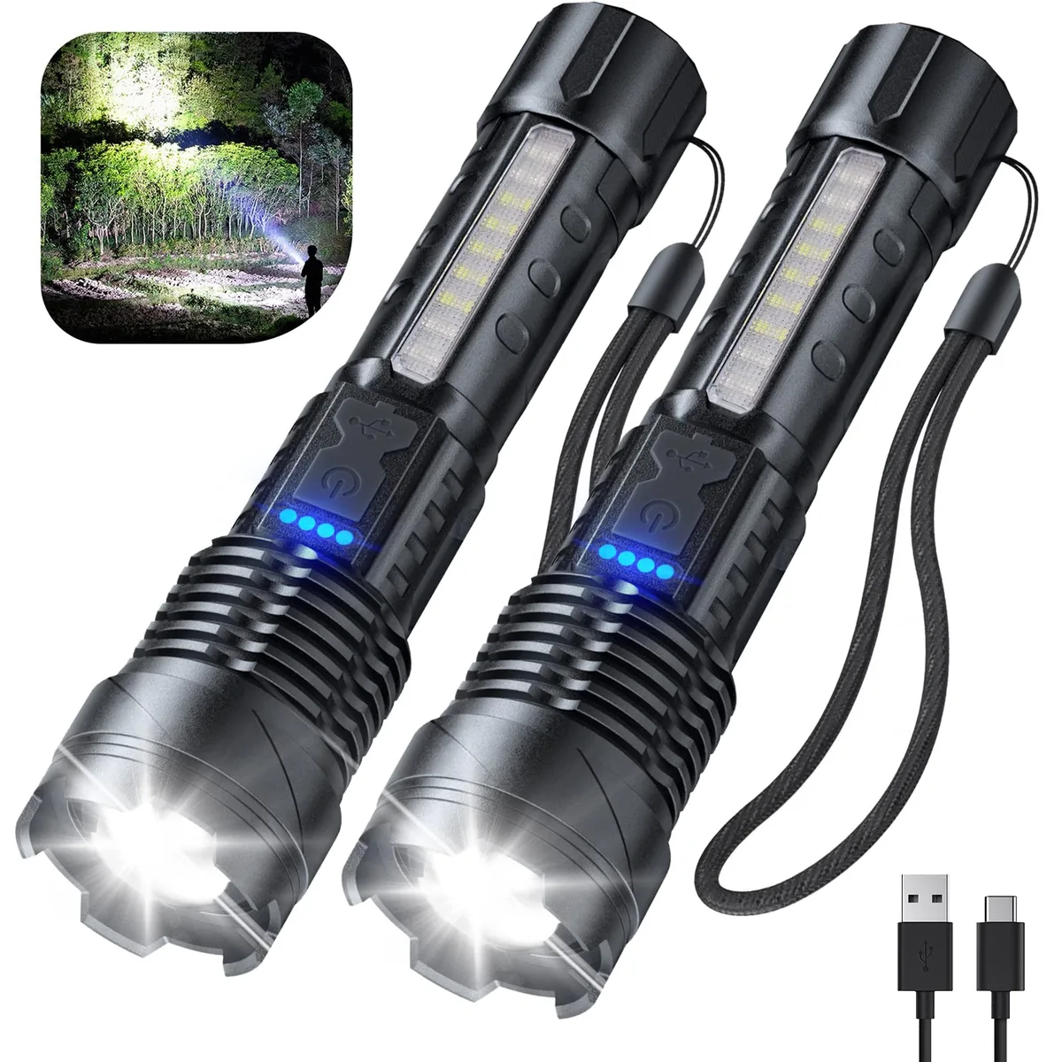 Two black aluminum flashlights with COB side lights and USB cables