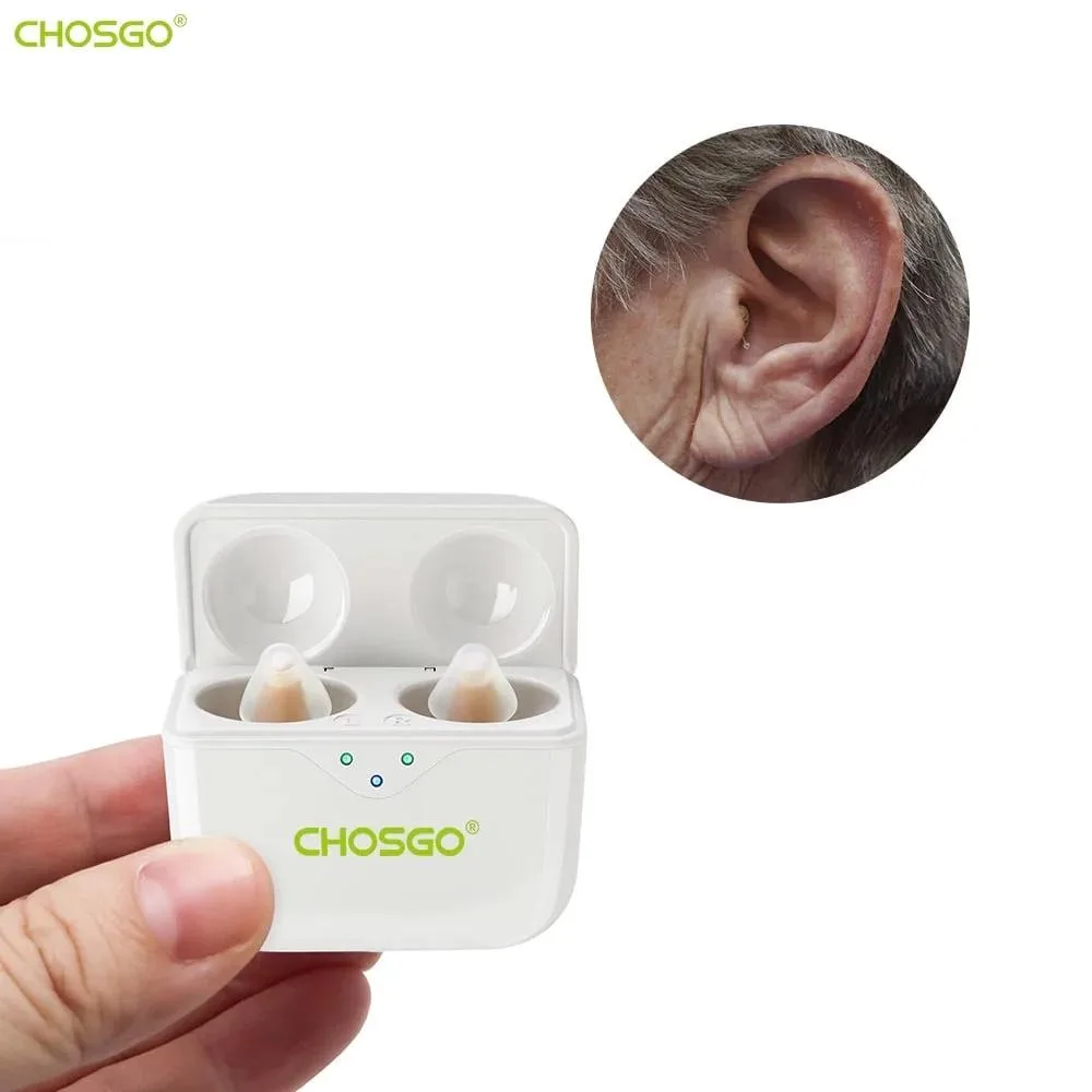 Beige in-the-canal hearing aids with portable charging case