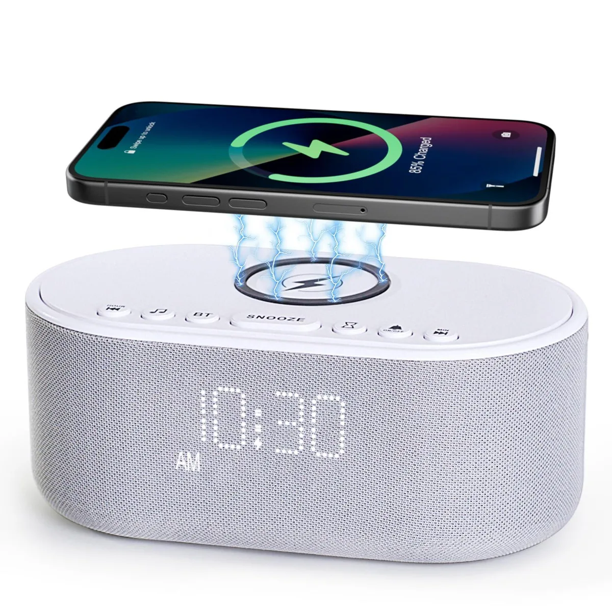 Light gray plastic alarm clock with wireless charging pad, 3.5 by 1.5 by 2.96 inches