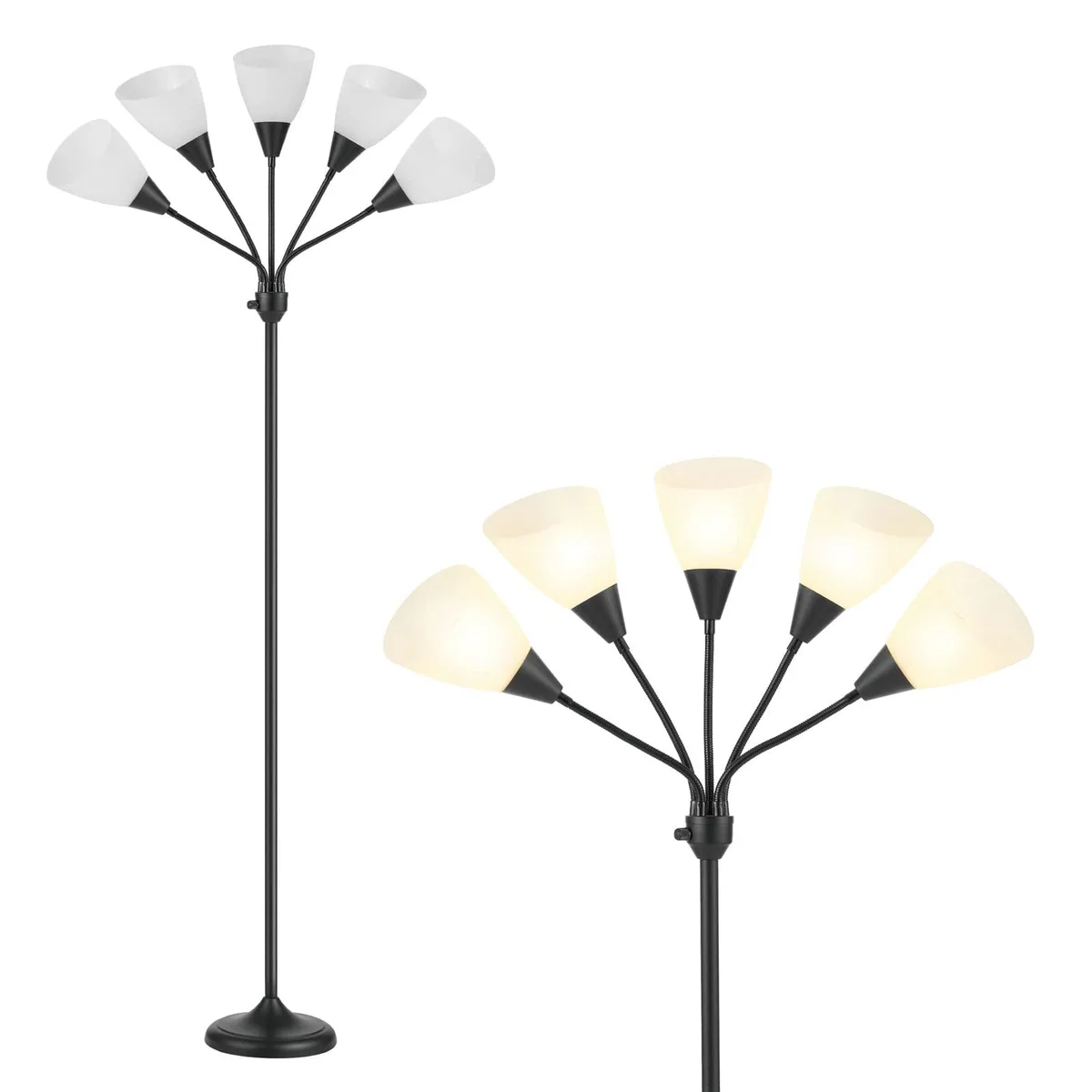 Black floor lamp with five adjustable gooseneck heads and frosted white acrylic shades, 68 inches tall