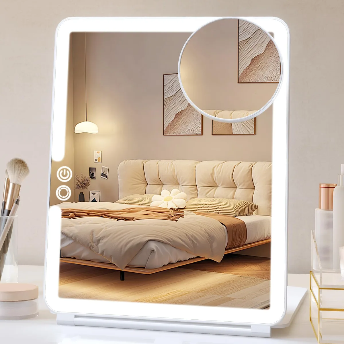 White rectangular tabletop mirror with folding stand and LED lights