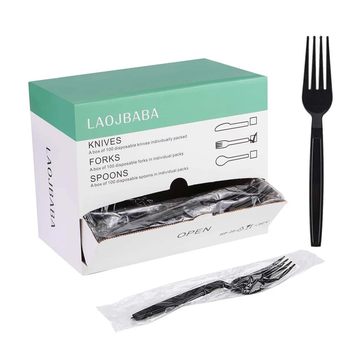 Black plastic forks in a rectangular dispenser box