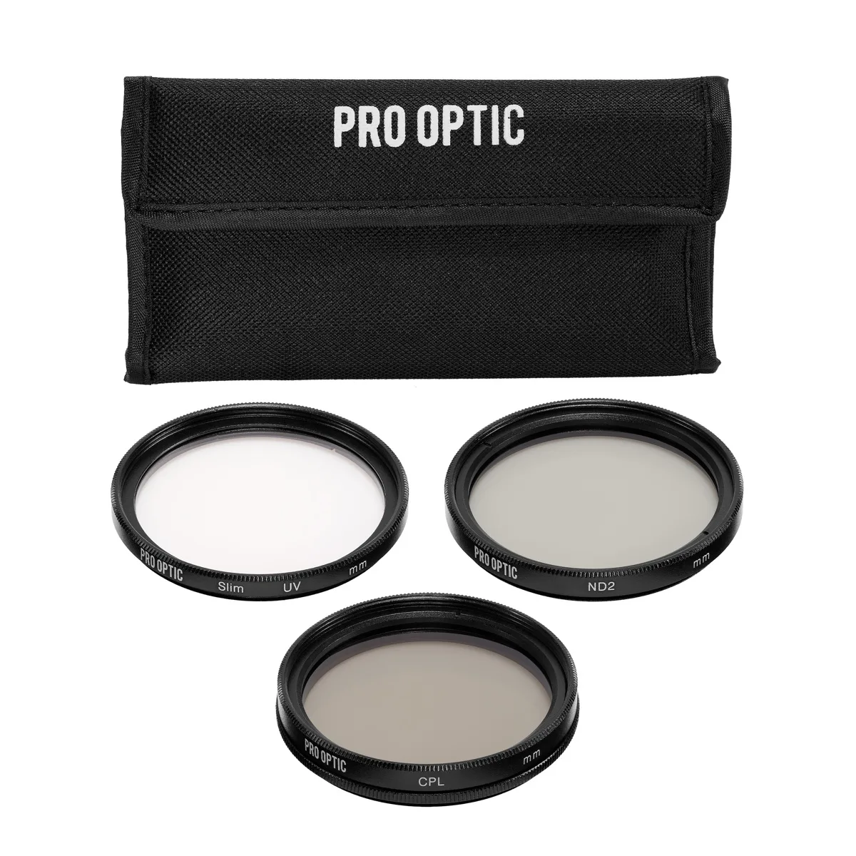 A set of three 46mm camera filters in low-profile aluminum frames with multi-coated glass