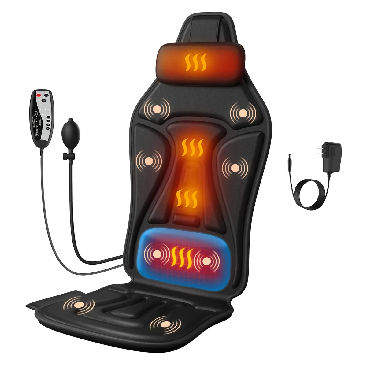 Black massage mat with integrated neck pillow and lumbar support, corded remote attached