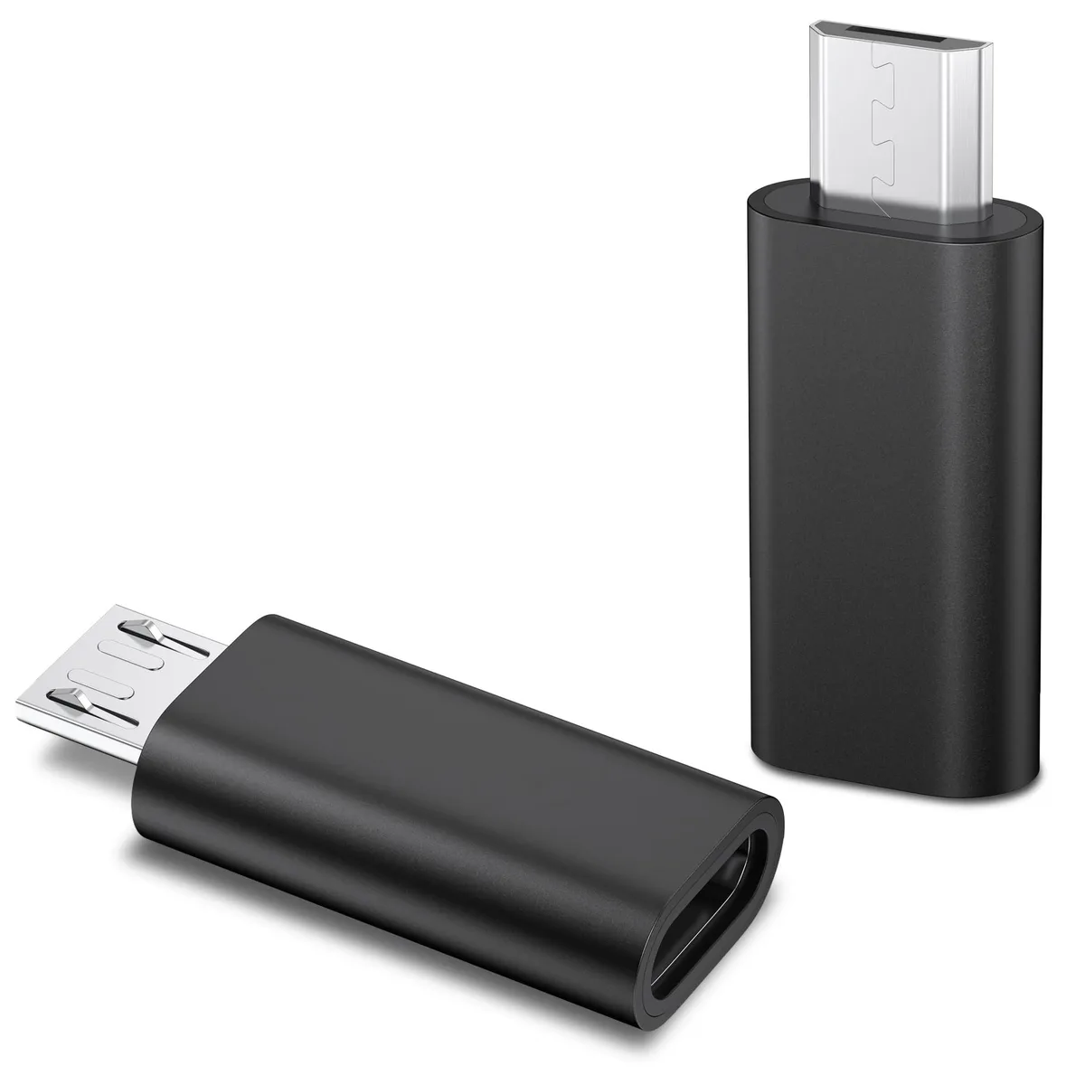 Two black Micro USB to USB-C adapters with aluminum finish