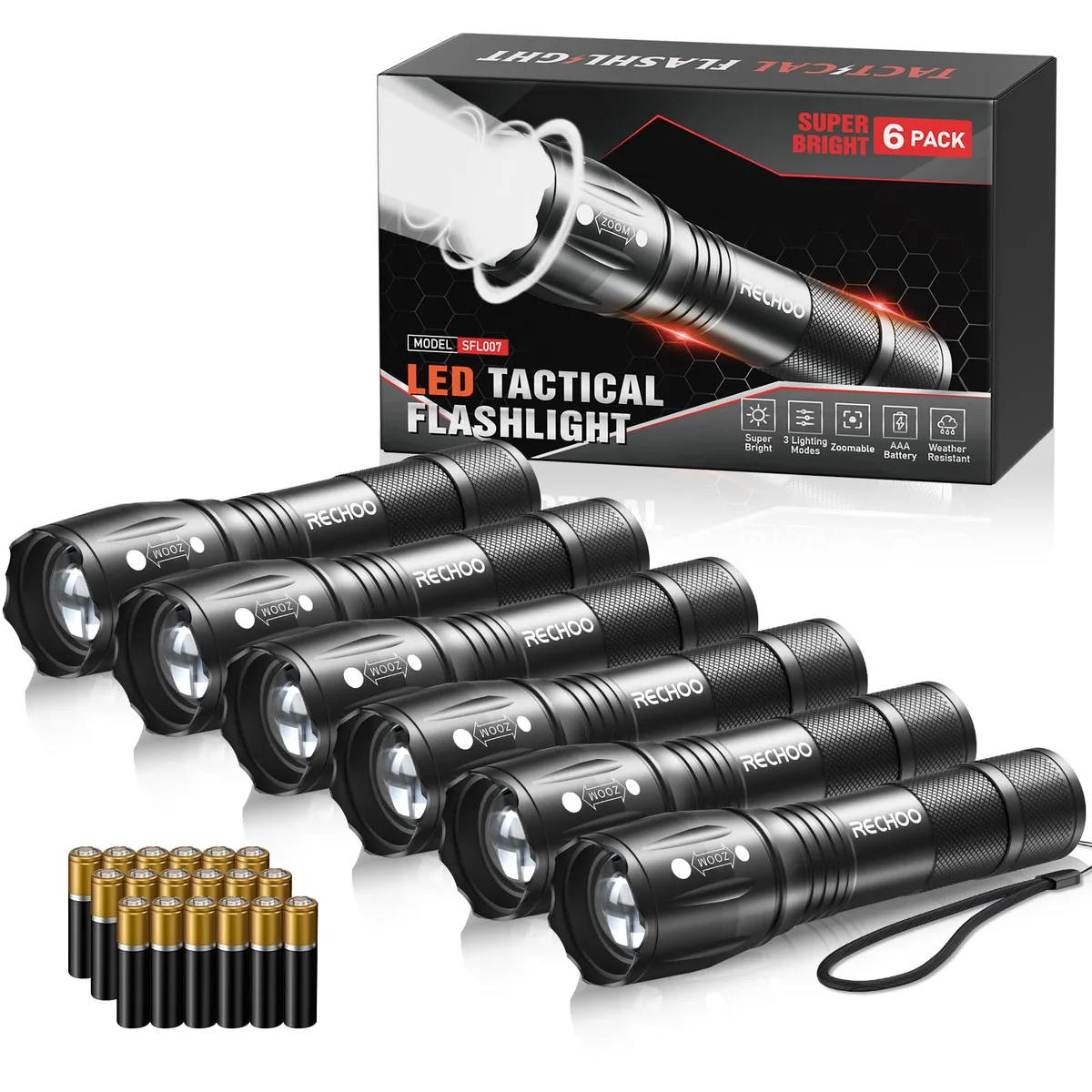 Six black cylindrical mini flashlights in a row, each about 4.5 inches long with textured grip and tail switch