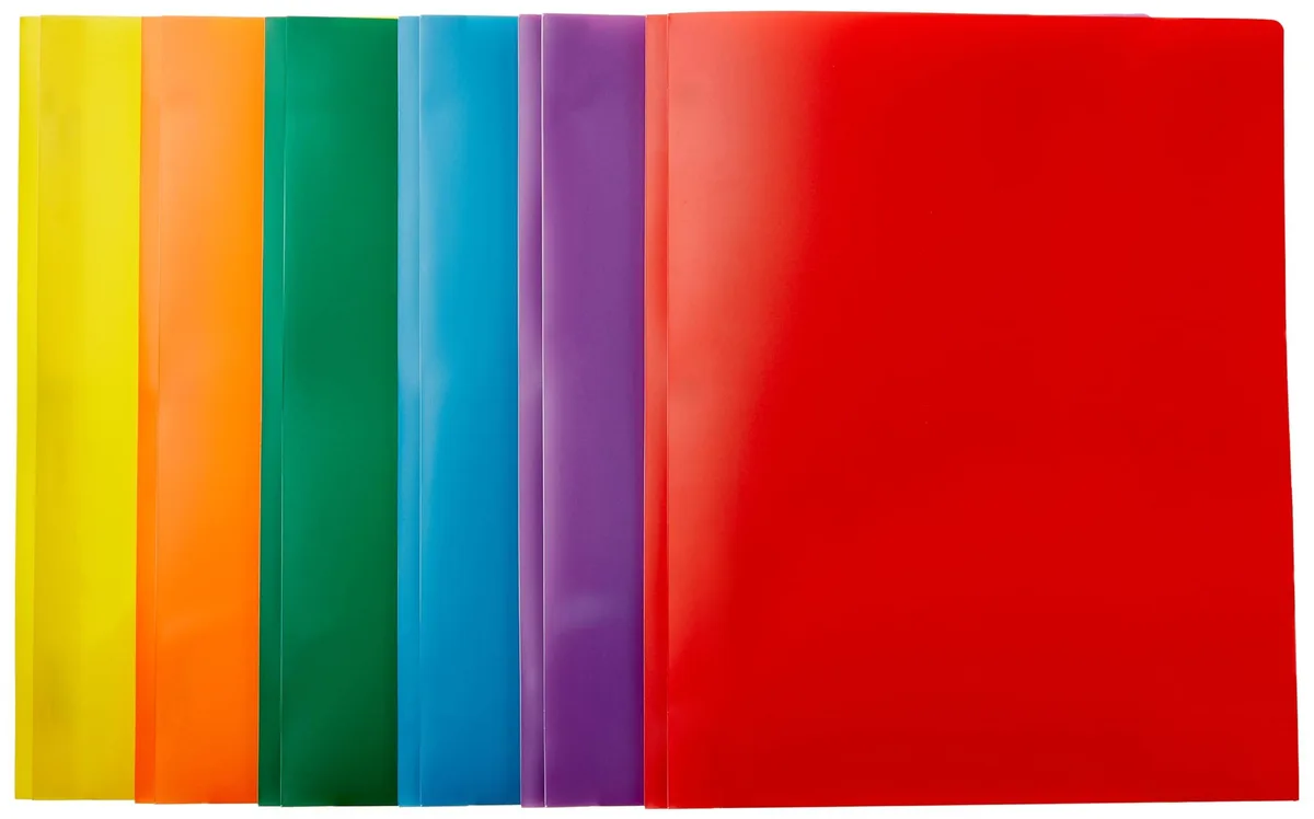 Six translucent polypropylene letter-size folders with two pockets and metal prongs, assorted colors