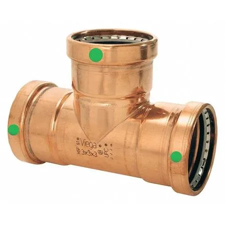 Copper reducing tee valve with three press-fit ends, matte metallic finish