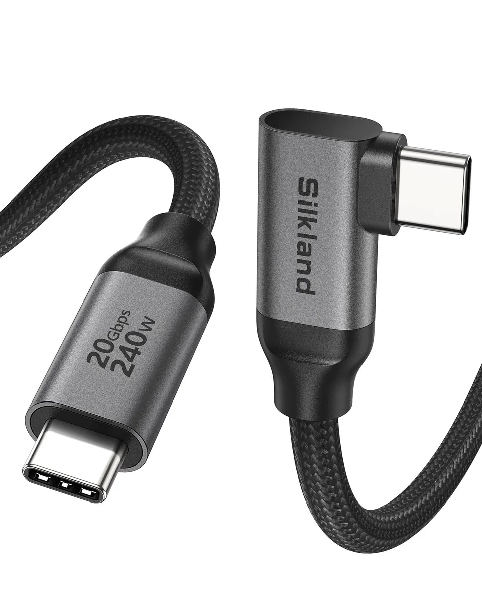 Grey nylon-braided USB-C right-angle cable with aluminium connectors, 5 ft