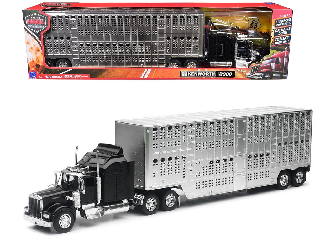 New Ray Toys New Ray Toys Kenworth W900 1/32 Diecast Truck Black Pot Belly Livestock Chrome Long Haul Truckers — product photo