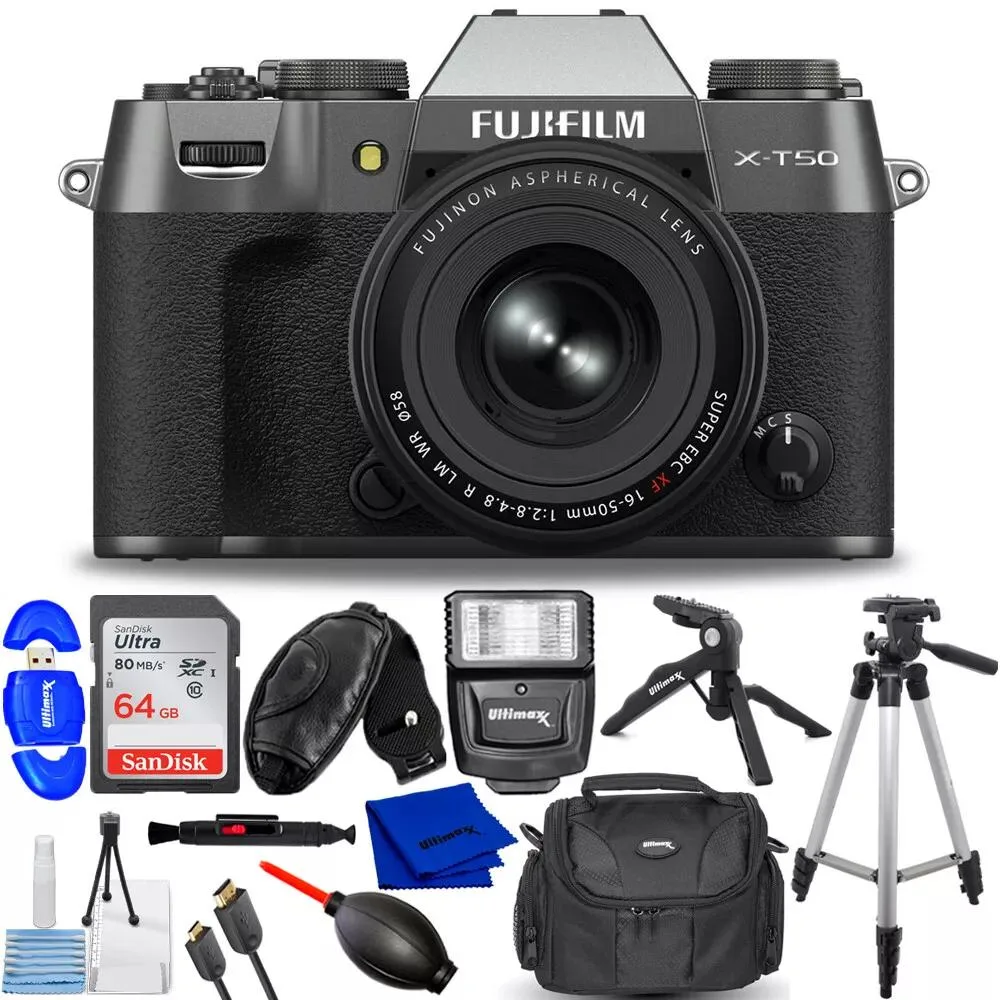 FUJIFILM FUJIFILM X-T50 compact mirrorless camera with XF 16-50mm f/2.8-4.8 lens Charcoal Silver kit — product photo