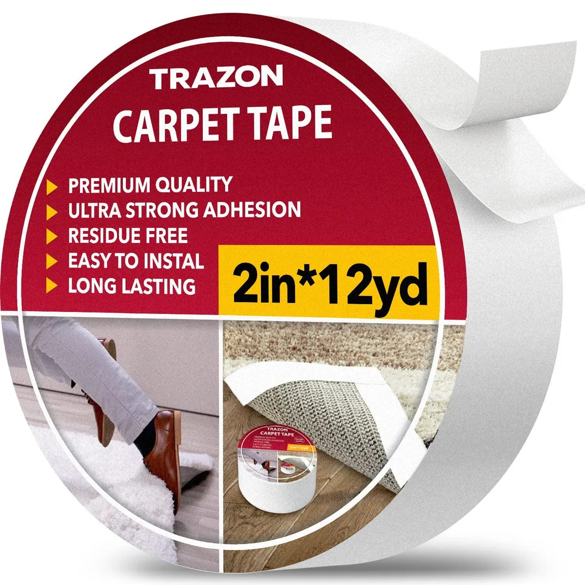 White roll of double-sided carpet tape in a clear dispenser box