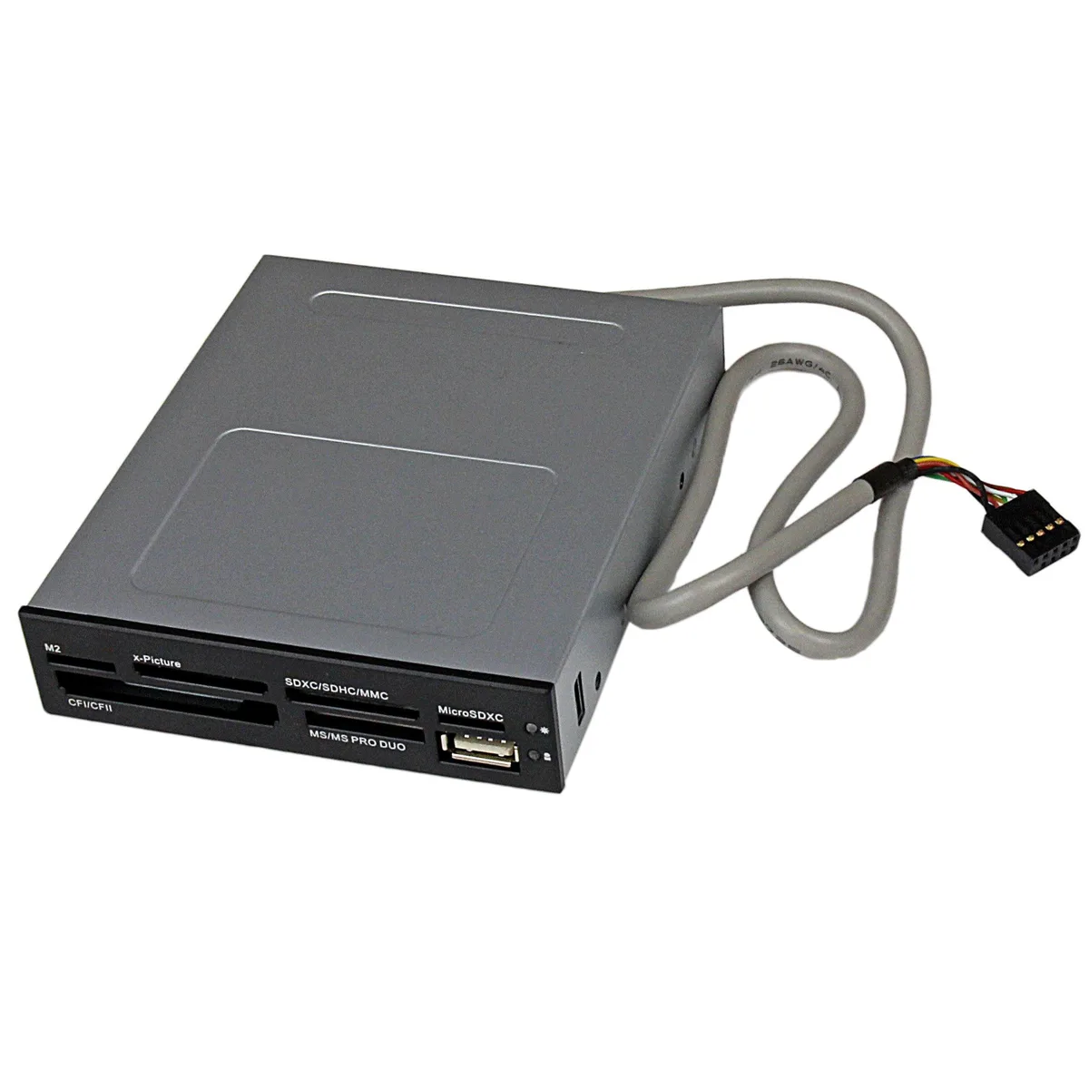 Black rectangular internal card reader for a 3.5 inch drive bay with multiple card slots and a front USB port