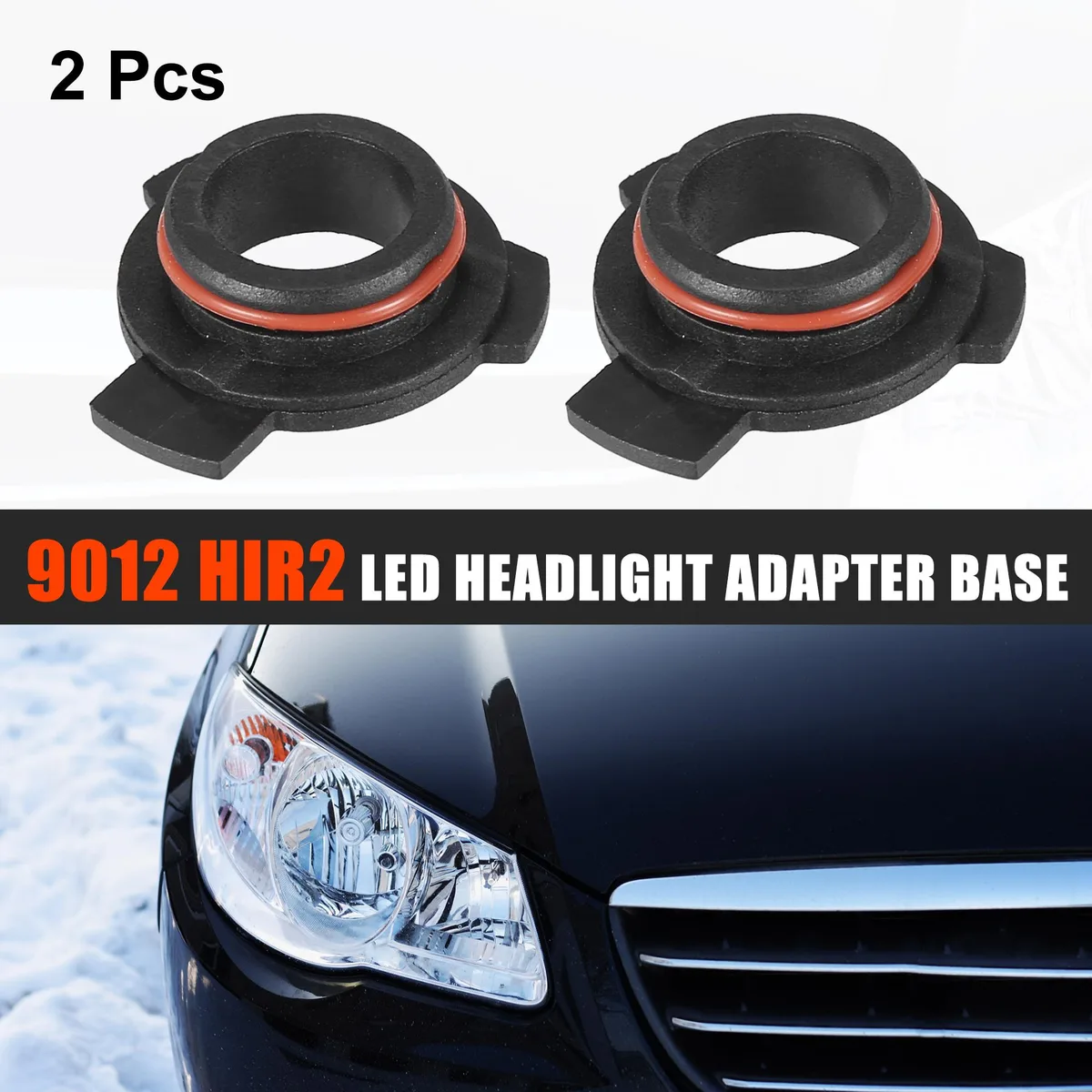 Two black plastic 9012 HIR2 LED headlight adapter bases with clips and O-rings