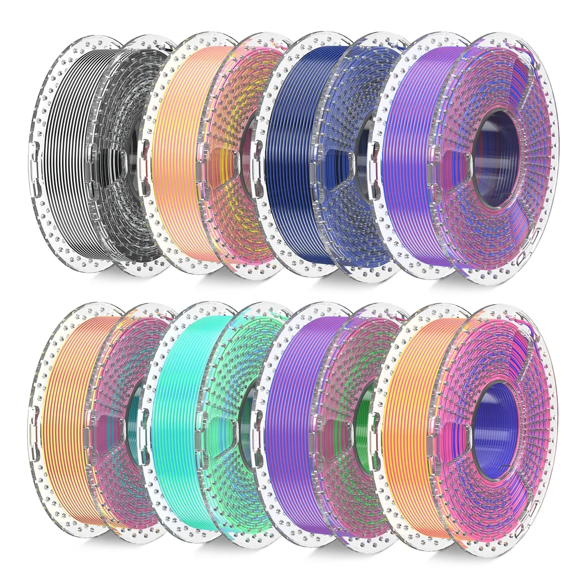 Eight small spools of silk PLA filament in dual and triple colour blends, vacuum sealed