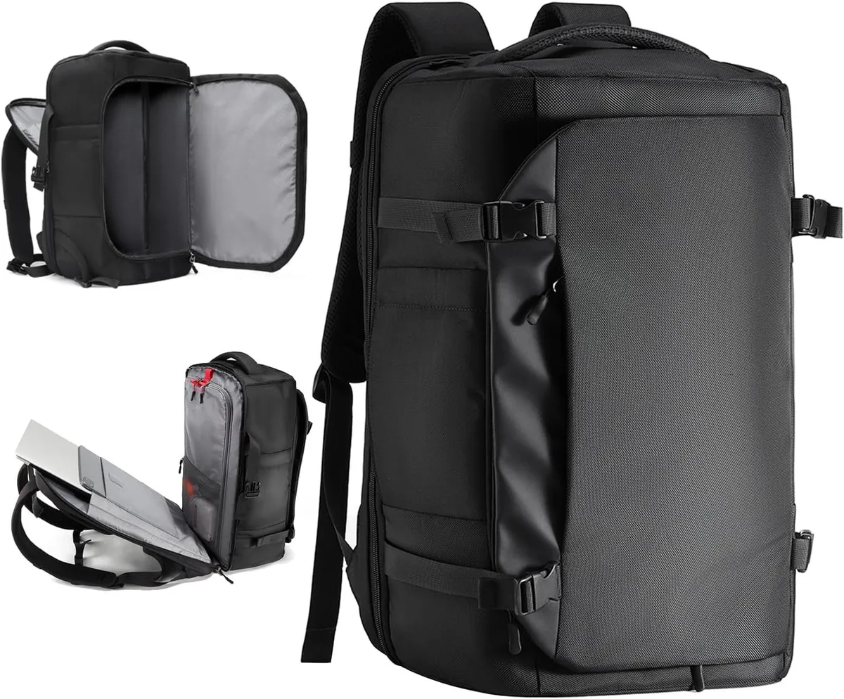 Large 40L travel backpack with suitcase-style opening, laptop sleeve, and luggage pass-through strap