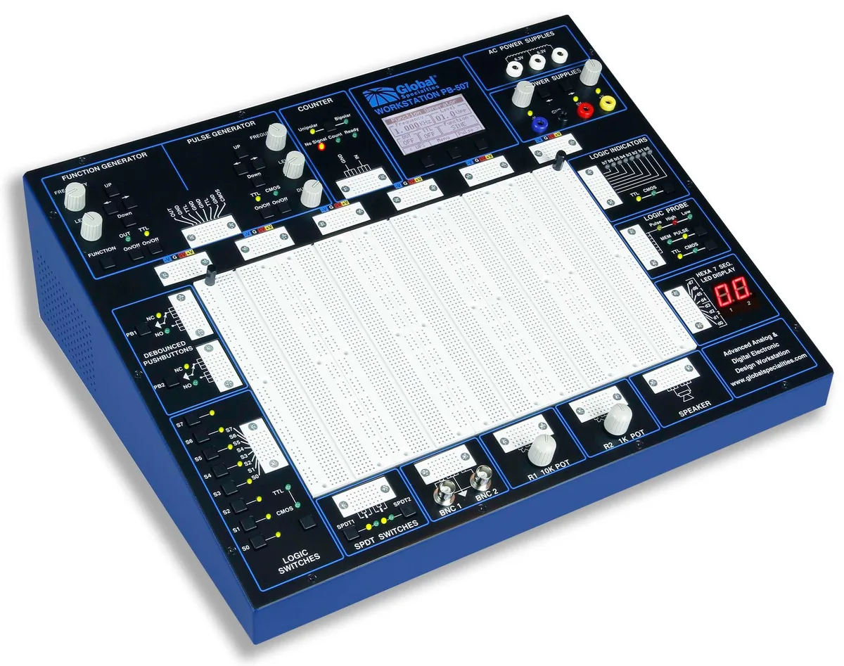 Global Specialties PB-507 trainer unit with LCD screen and breadboard area