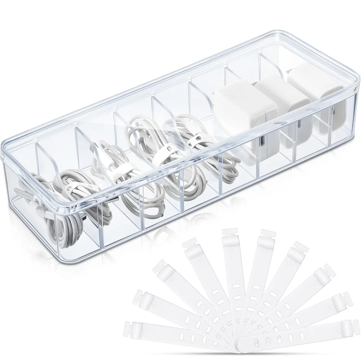 Clear plastic cable organiser box with lid and ten silicone wire ties