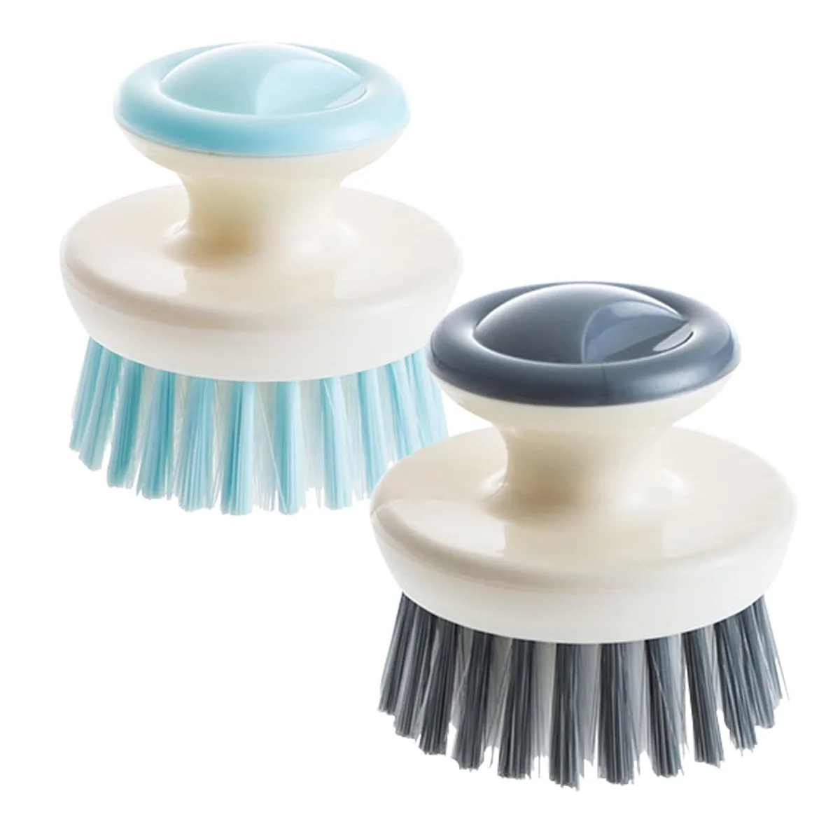 Two black ergonomic palm scrub brushes with stiff bristles