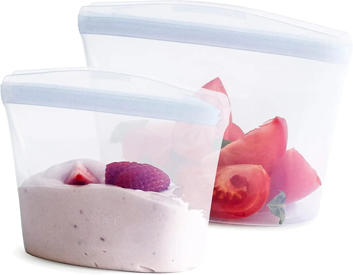 Two clear silicone bowls with pinch-lock seals, 8 and 16 fl oz