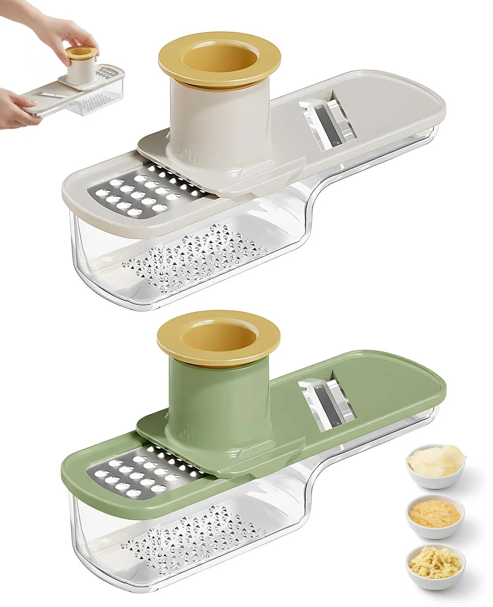 Two-piece blue plastic garlic grinder and slicer set with transparent container
