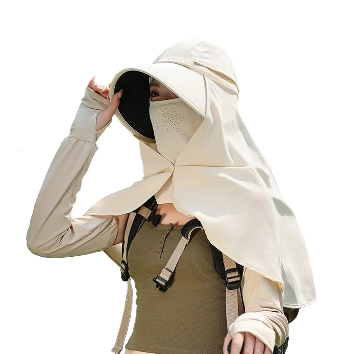  UV Protection Sun Hat UPF50+ Large Brim Cape Face Mask Shawl Black Polyester — product photo