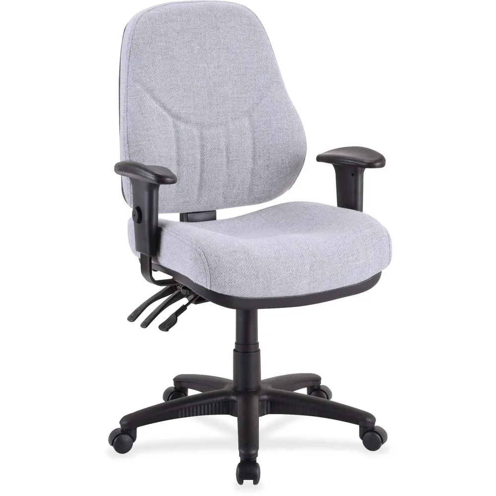 Gray high-back office chair with adjustable arms, molded seat and back, five-star base on casters