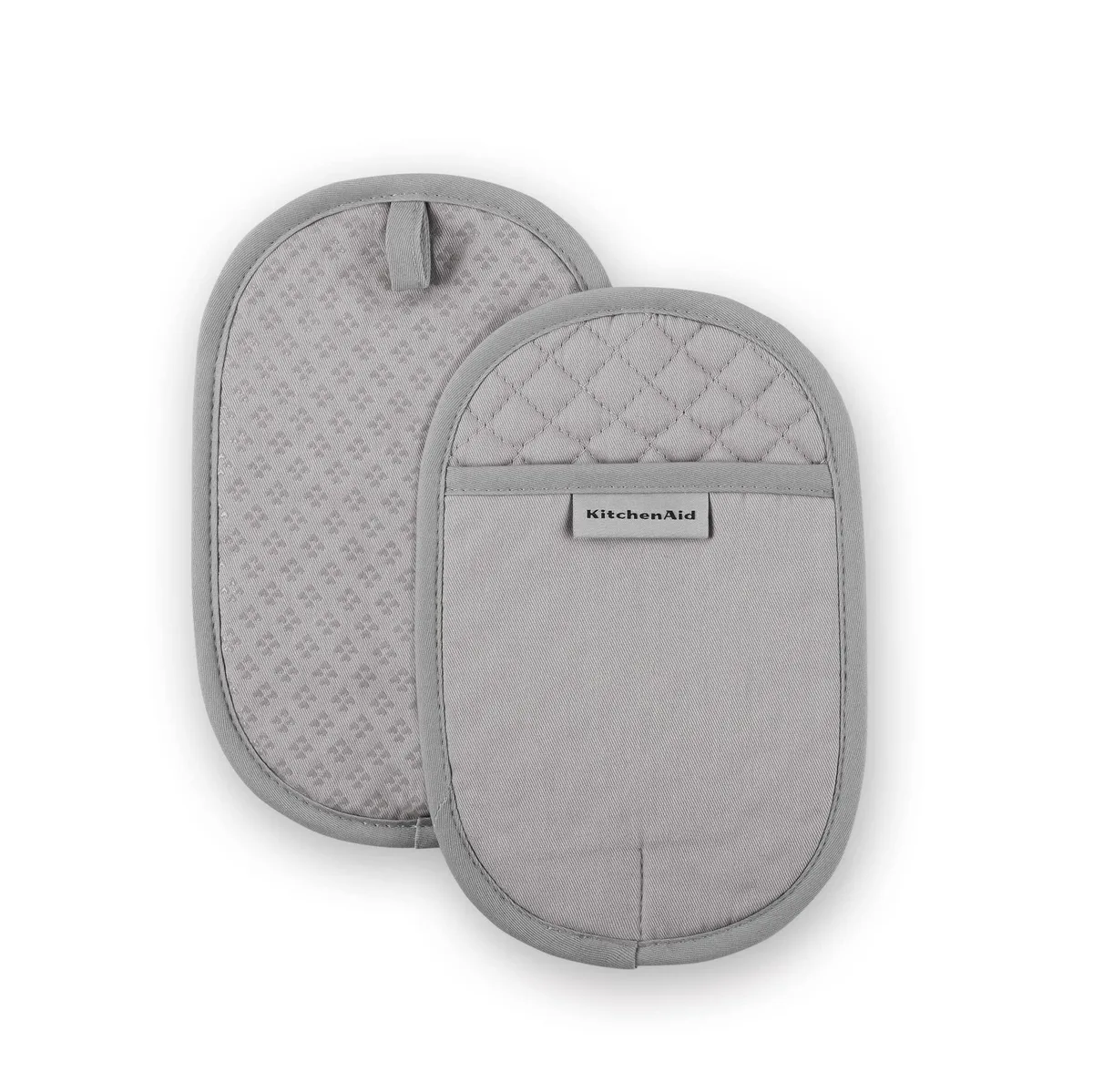 Two grey rectangular cotton pot holders with heart-shaped silicone grips and hanging loops