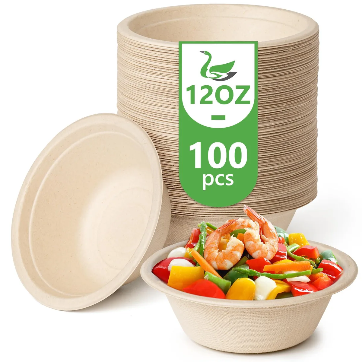 Stack of 100 round brown paper bowls 12 oz