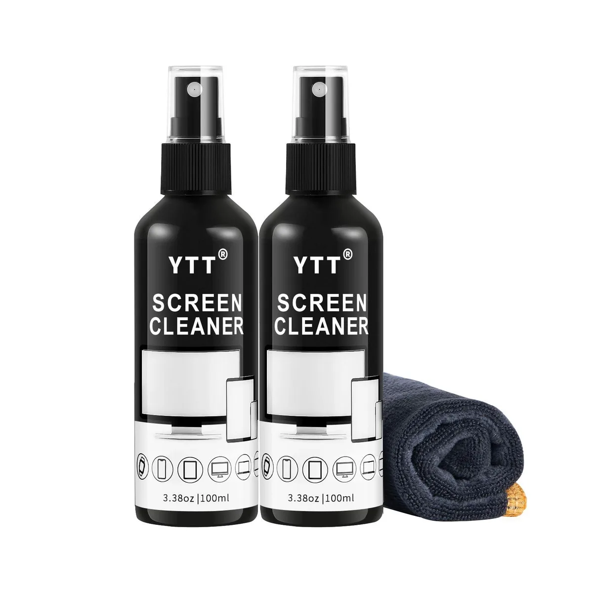 Two blue screen-cleaner spray bottles and microfiber cloths