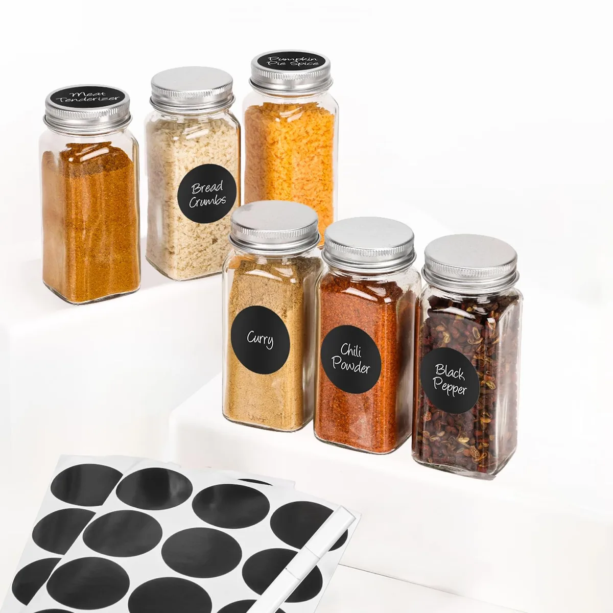 Six square red glass spice jars with shaker lids and labels, 4.1 inches tall